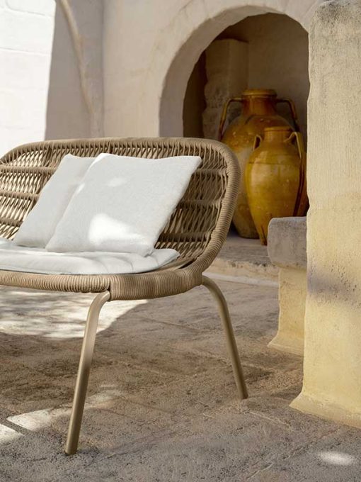 Beige outdoor love seat by L+R Palomba. Made in Italy grey sofa with beige aluminium frame and sand intertwined ropes. Shop online. Free home delivery.