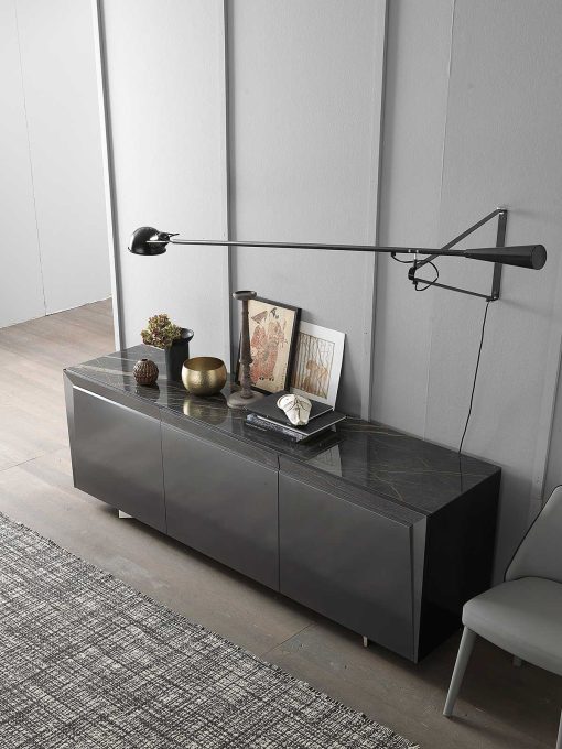 3 doors sideboard designed by Andrea Lucatello and made in Italy. Black ceramic top, anthracite grey frame. Glass shelves, no handles. Free home delivery.