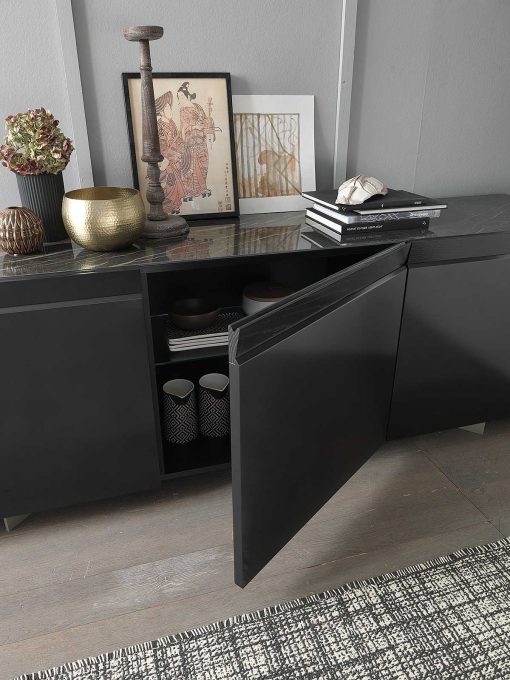 3 doors sideboard designed by Andrea Lucatello and made in Italy. Black ceramic top, anthracite grey frame. Glass shelves, no handles. Free home delivery.