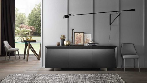 3 doors sideboard designed by Andrea Lucatello and made in Italy. Black ceramic top, anthracite grey frame. Glass shelves, no handles. Free home delivery.