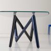 Unusual legs intersection in blue and anthracite grey colour and extra clear safety glass cm. 110 x 220 or 120 x 240. Luxurious original rectangular table.