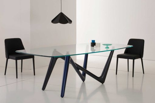 Unusual legs intersection in blue and anthracite grey colour and extra clear safety glass cm. 110 x 220 or 120 x 240. Luxurious original rectangular table.