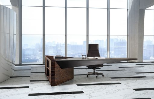 Luxurious and very original executive desk in ebony wood and leather covering. Ferruccio Laviani design, made in Italy. Worldwide delivery office furniture.