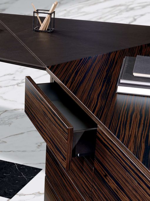 Luxurious and very original executive desk in ebony wood and leather covering. Ferruccio Laviani design, made in Italy. Worldwide delivery office furniture.