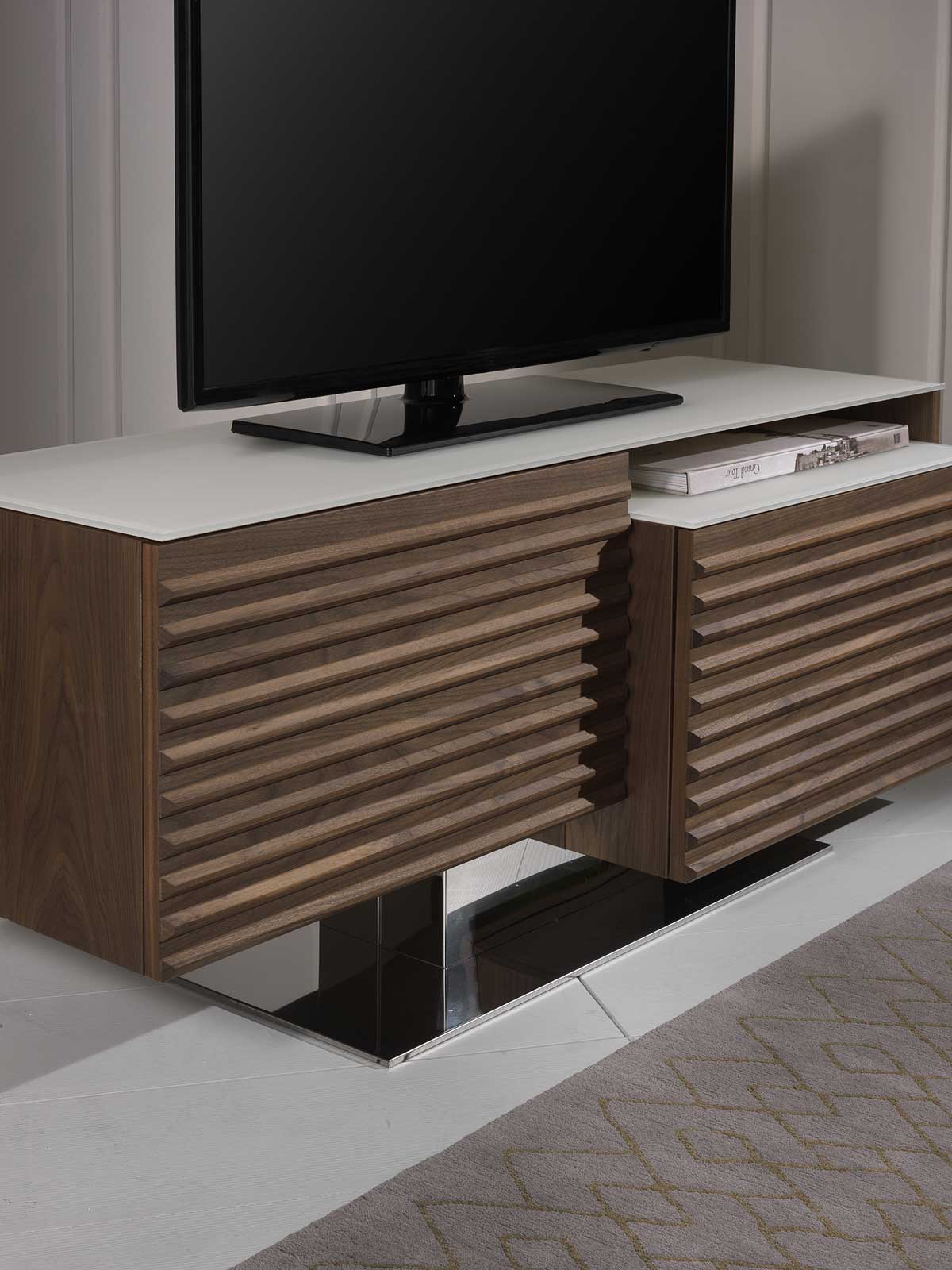 Fabius Walnut And White Glass Tv Cabinet