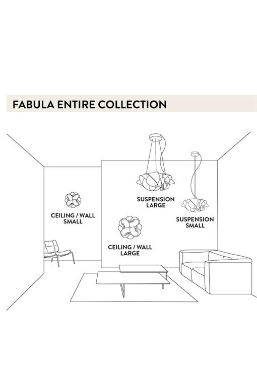 Des technopolymères récyclables en volutes pour un effet tridimensionnel époustufflant. Fabula est une suspension en Lentiflex réalisée à la main en Italie.