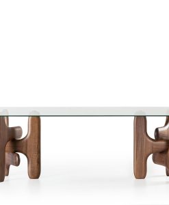 Tavolo da pranzo FACE con base in noce canaletto e piano in vetro trasparente – design Ervas Basilico Girardi