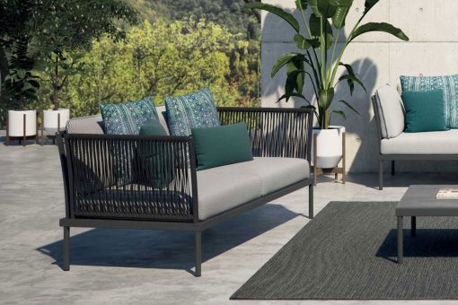 Shop online for exclusive patio furniture. Flare 2 seat garden sofa has a solid grey aluminium frame. Free shipment on luxurious outdoor lounge sets.