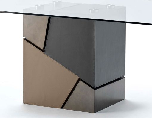 Sculptural rectangular dining table. Multicolour leather and steel base. Glass top. Handcrafted in Italy. Luxurious furniture with free home delivery.