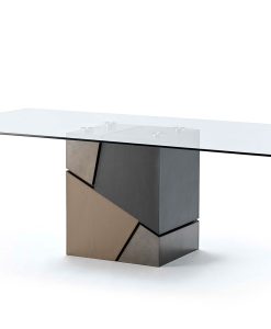 Sculptural rectangular dining table. Multicolour leather and steel base. Glass top. Handcrafted in Italy. Luxurious furniture with free home delivery.