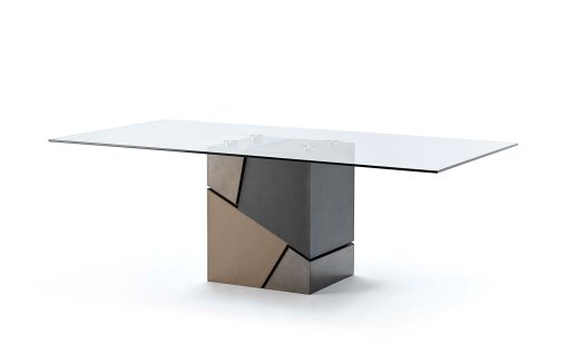 Sculptural rectangular dining table. Multicolour leather and steel base. Glass top. Handcrafted in Italy. Luxurious furniture with free home delivery.