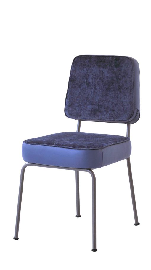 Metal structure. Soft seat and backrest are covered with velvet and soft leather available in several colours. Vintage and classic style padded chair.