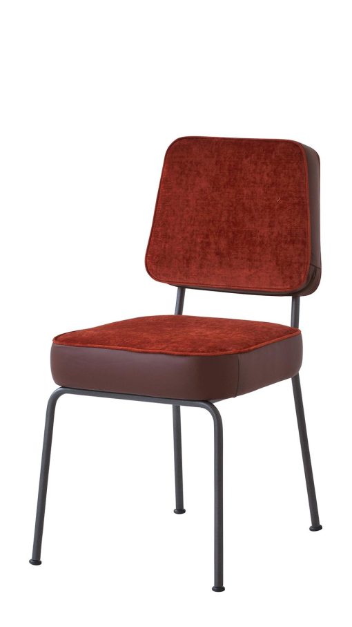 Metal structure. Soft seat and backrest are covered with velvet and soft leather available in several colours. Vintage and classic style padded chair.