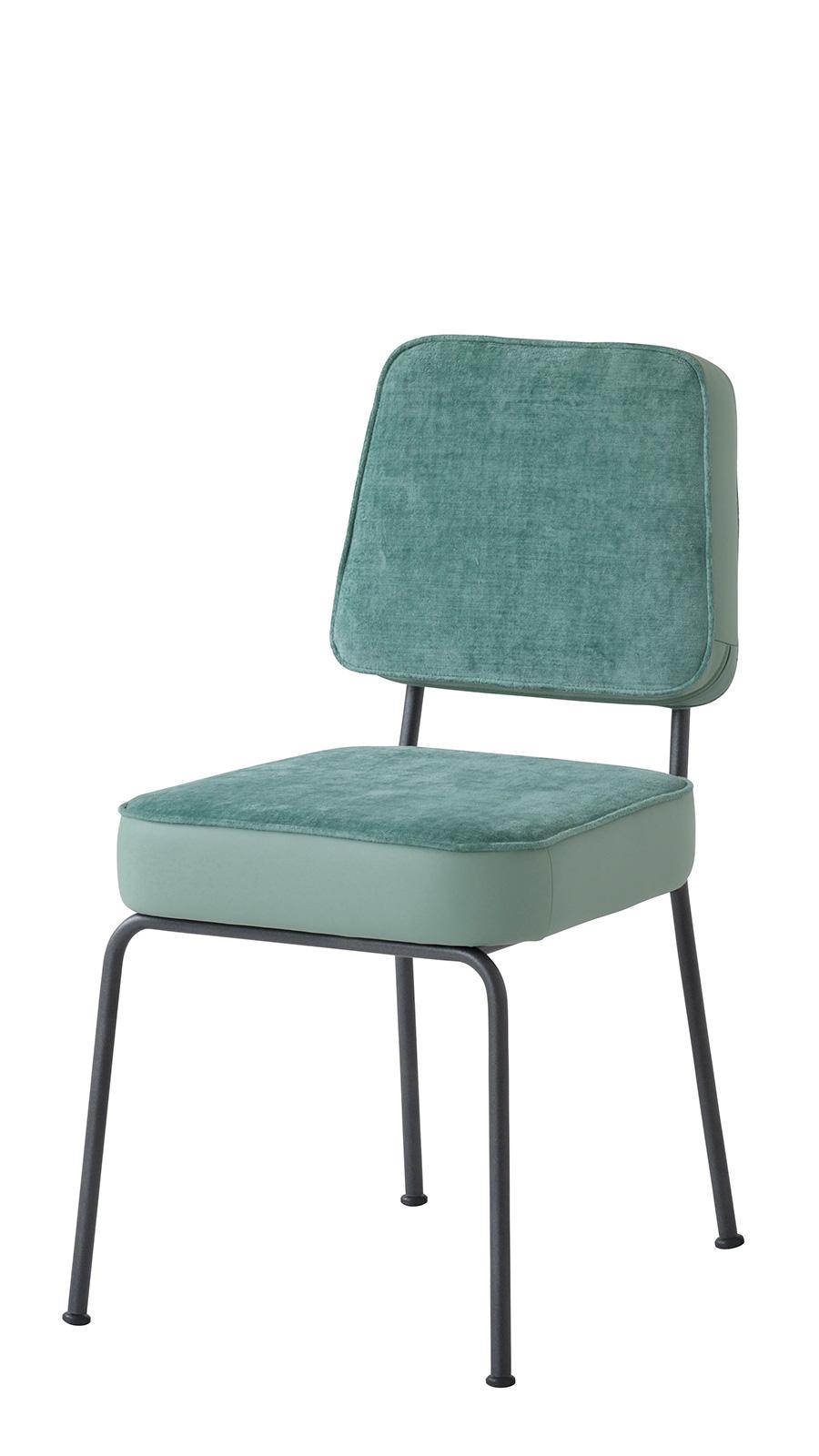 Metal structure. Soft seat and backrest are covered with velvet and soft leather available in several colours. Vintage and classic style padded chair.