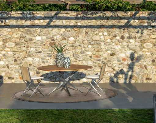 Ludovica and Roberto Palomba designed a luxurious and original outdoor round table. Accoya wood top and stainless steel base. Online shop and free delivery.