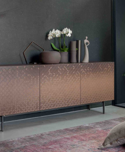 Giove lacquered sideboard with 3D decoration in bronze metallic finish.