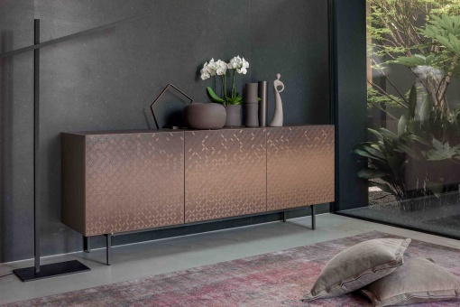 Giove lacquered sideboard with 3D decoration in bronze metallic finish.