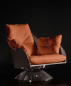 Gloss orange swivel armchair by Giuseppe Viganò in hardwood frame and seat and backrest high-quality leather cushions. Free shipping made in Italy furniture