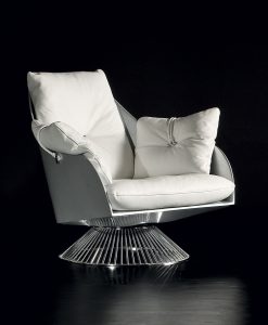 Gloss white swivel armchair by Giuseppe Viganò in hardwood frame and seat and backrest high-quality leather cushions. Free shipping made in Italy furniture.