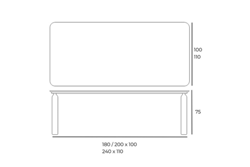 GO rectangular table, design Norberto Delfinetti, dimensions