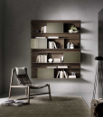 HUGO Wall bookcase Walnut stained ash with sliding doors in matt bronze glass.