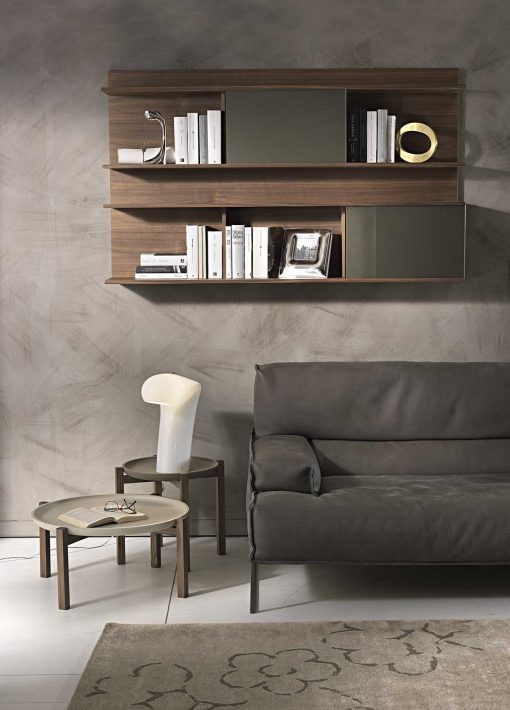 HUGO Wall bookcase Walnut stained ash with sliding doors in matt bronze glass.