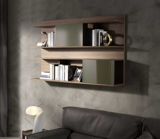 HUGO Wall bookcase Walnut stained ash with sliding doors in matt bronze glass.