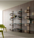 Meuble bibliothèque mural à étagères en bois de chêne ou noyer et verre trempé. Modulable. La solution moderne pour le rangement de votre salon. Livraison.