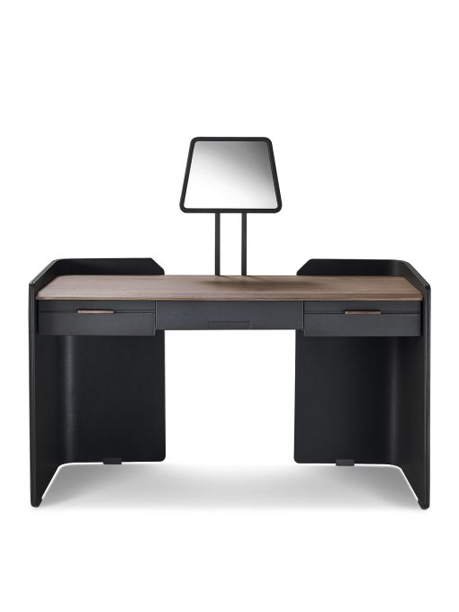 Working / Vanity desk entirely covered in leather with Canaletto walnut top. Design Umberto Asnago. Made in Italy. Online sale of high-end furniture.