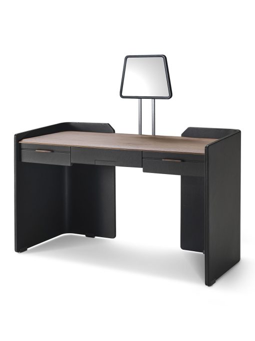 Working / Vanity desk entirely covered in leather with Canaletto walnut top. Design Umberto Asnago. Made in Italy. Online sale of high-end furniture.