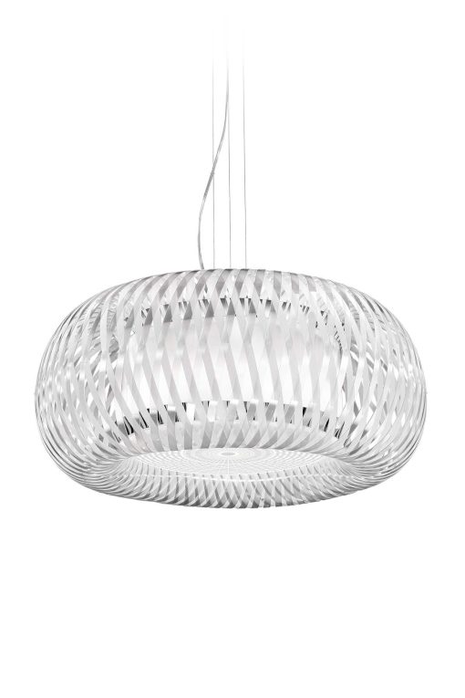 Vente en Ligne de luminaire haut de gamme, fabriqué en Italie. La suspension Kalatos a un diffuseur en technopolymères tressé original. Livraison à domicile