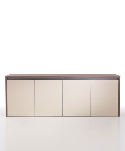 Kefa 4 doors low cabinet is perfect at home as at the office. Design Matteo Nunziati. Eucalyptus wood and saddle leather finishing. Free home delivery.