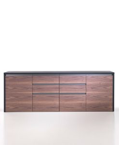 The 4 units low cabinet in walnut and leather is part of the Kefa collection by Matteo Nunziati for the office and is also perfect for an exclusive home.