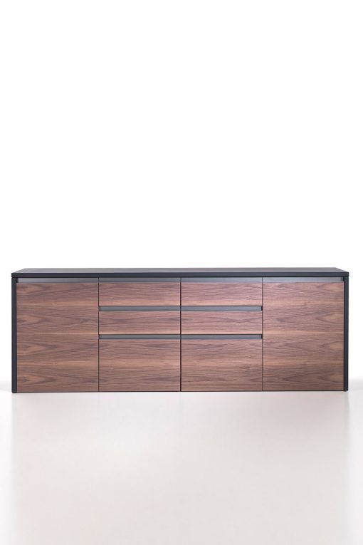 The 4 units low cabinet in walnut and leather is part of the Kefa collection by Matteo Nunziati for the office and is also perfect for an exclusive home.