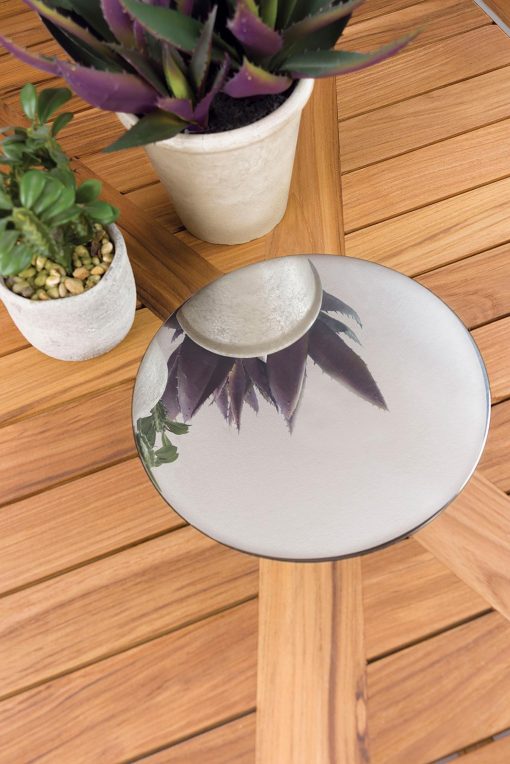 Tavolo da esterno rettangolare con piano in teak Indonesiano. Decoro in acciaio satinato. Tavolo da pranzo per il giardino di alta qualità. Vendità online.