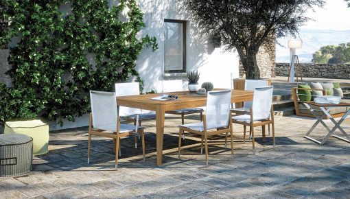 Teak outdoor table. Satin chrome details. Rectangular an original table for garden and terrace. Online sale