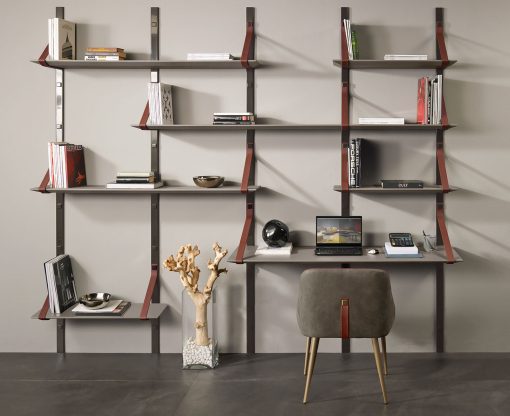 Brooklyn is a leather and concrete wall-mounted bookshelf handmade in Italy. Highly customizable. Free home delivery.