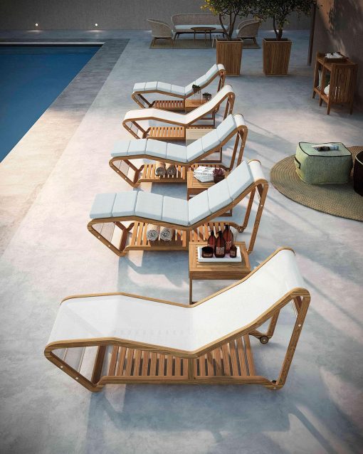 Chaise longue d'extérieur haut de gamme. Teak acier et textilène. Vente en ligne de mobilier de luxe pour jardins et terrasses.