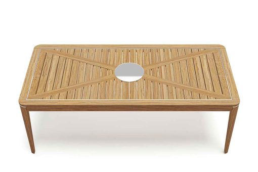 Teak outdoor table. Satin chrome details. Rectangular an original table for garden and terrace. Online sale.