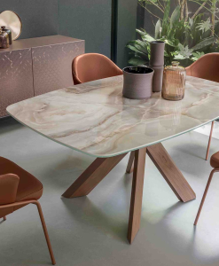 Maori dining table with Canaletto walnut base and glossy beige onyx ceramic top, luxury Italian design