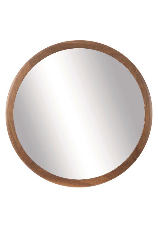 MIRAGGIO is an elegant and refined round mirror with American walnut and clear or bronzed glass. Little shelf included. Made in Italy, free delivery.