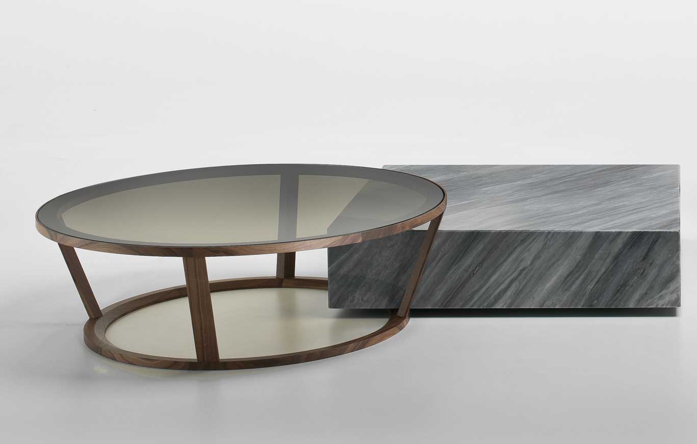 Design by Daniele Lo Scalzo Moscheri. 2 coffee tables in one. A square table in marble and a round one in walnut wood and bronzed glass. Free home delivery.