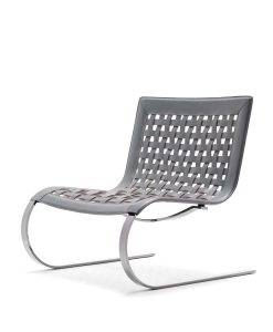 Design Giancarlo Vegni. Lounge armchair in galvanized steel and grey leather. Sled base. Made in Italy and customizable. Free home delivery.