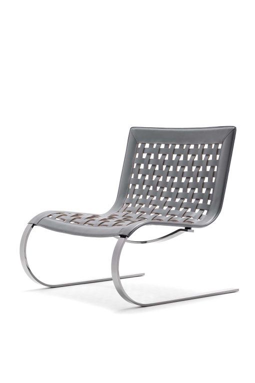 Design Giancarlo Vegni. Lounge armchair in galvanized steel and grey leather. Sled base. Made in Italy and customizable. Free home delivery.