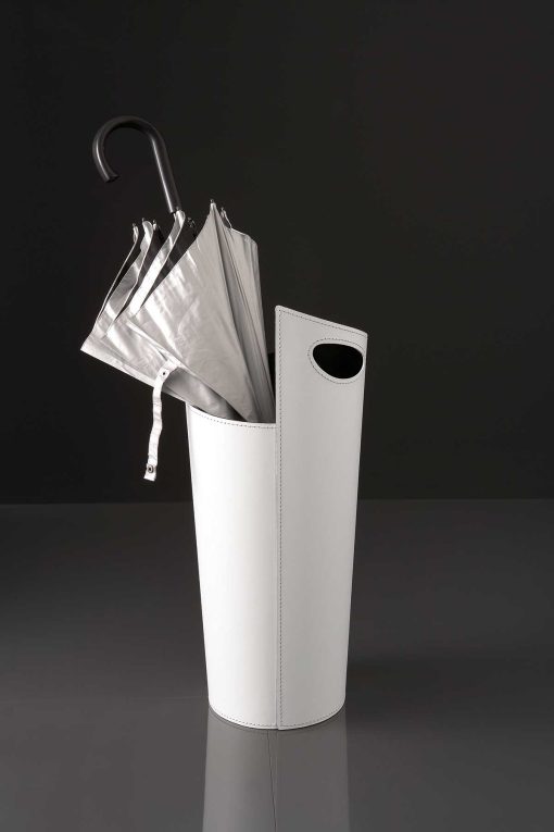 Black iron umbrella stand covered with regenerated leather. Furniture accessory in white, black or red colour. Online shopping and home delivery.