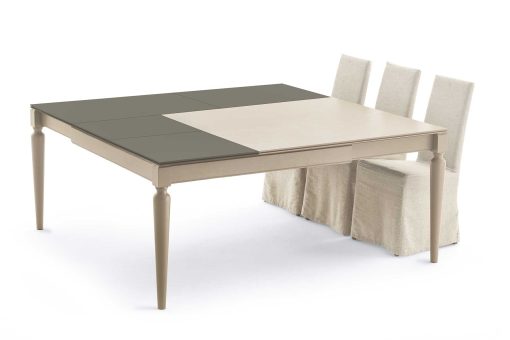 Table de repas carrée à rallonges. Transformable, 3 tables en une. Vente en ligne de tables design haut de gamme avec livraison gratuite.