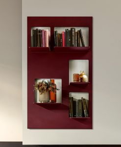 Wall bookcase in red metal. 5 shelves. Handcrafted in Italy. Shop online for the best made in Italy furniture. Free home delivery.