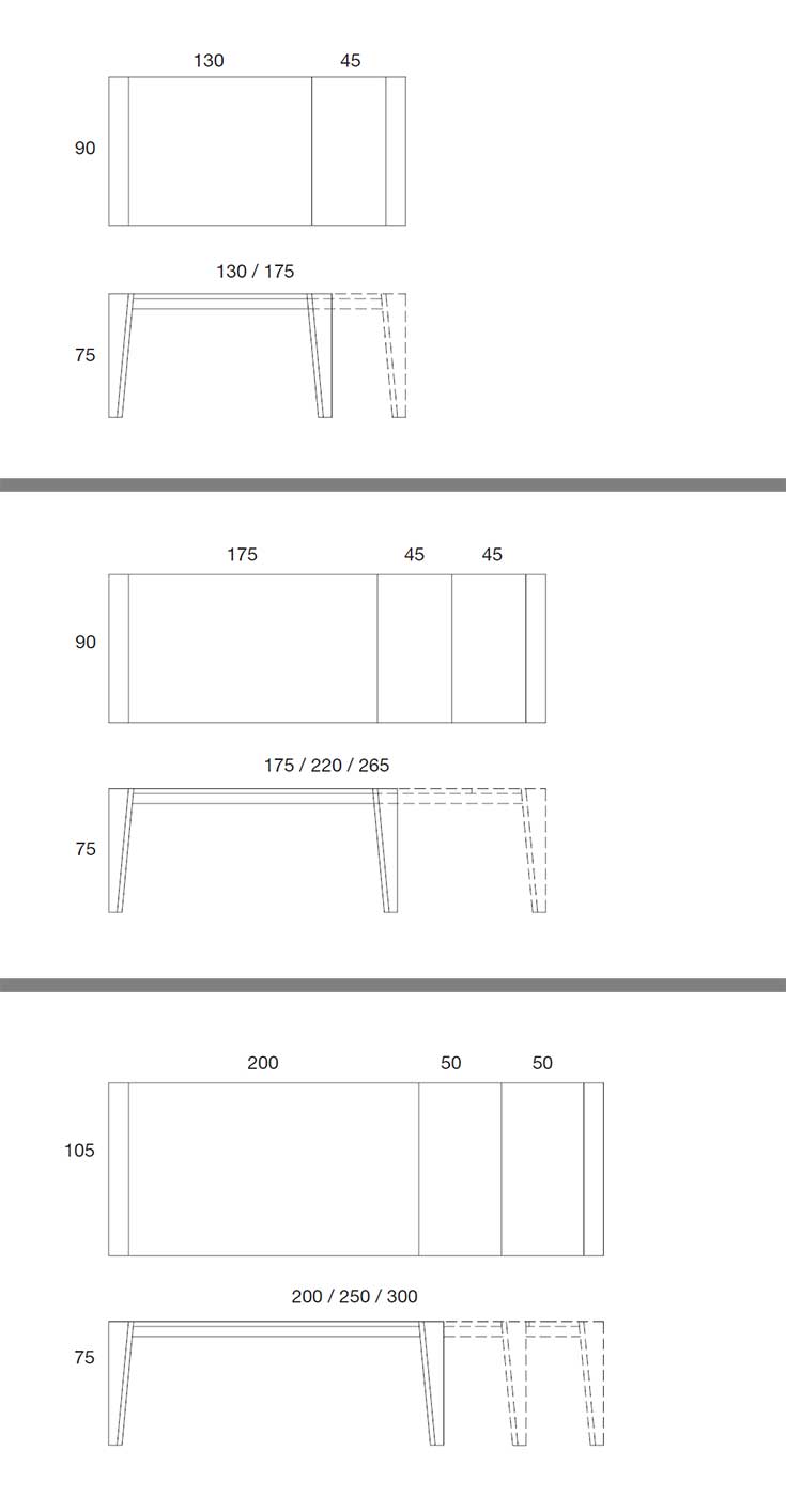 Tavolo allungabile disegnato da Arter & Citton. Struttura e piano in noce canaletto. Sistema di allunghi indipendenti. Schema tecnico misure e dimensioni.