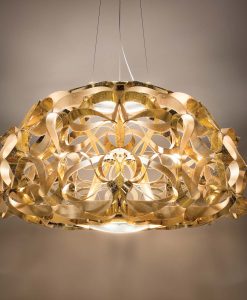 Original and luxurious round gold suspension handmade in Italy with recyclable technopolymers. Stunning three-dimensional effect. Free home delivery.