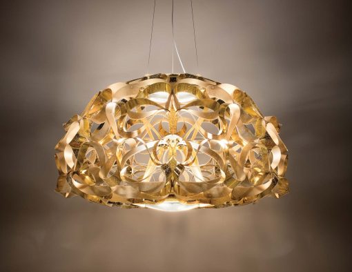 Original and luxurious round gold suspension handmade in Italy with recyclable technopolymers. Stunning three-dimensional effect. Free home delivery.